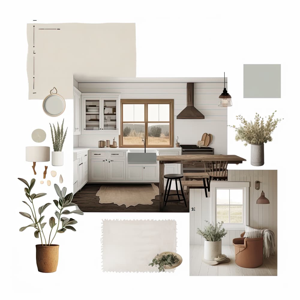 Carefully curated plants and other furniture pieces to decorate a predominantly white kitchen with hints of wood.