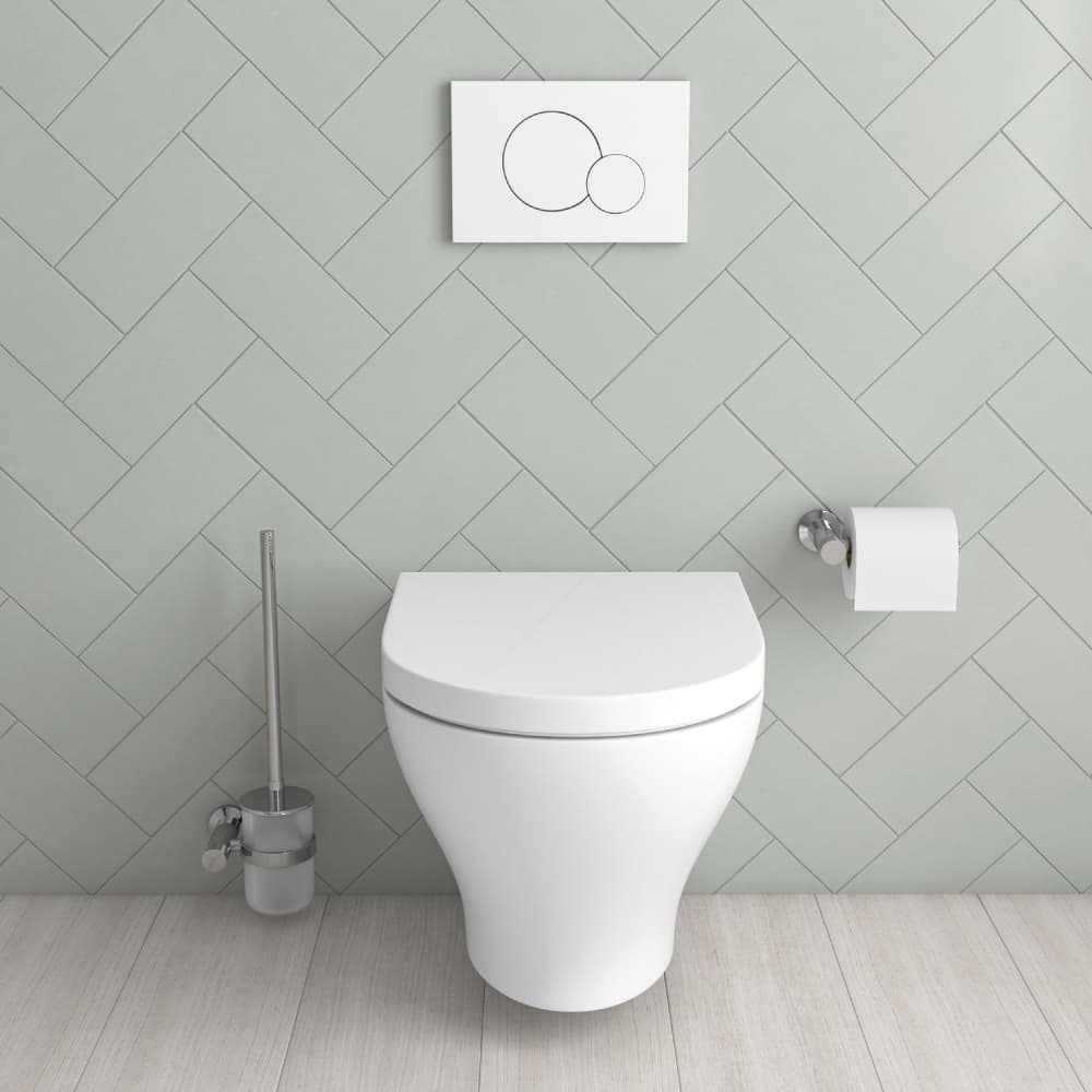 Small white toilet with the seat down and a silver toilet brush holder and modern flush buttons on the wall