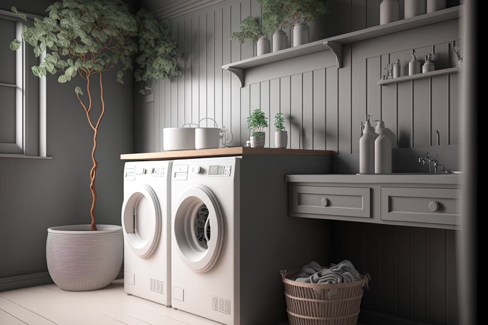 Flash washer and dryer sitting next to each other under a smooth wooden bench in a grey laundry room
