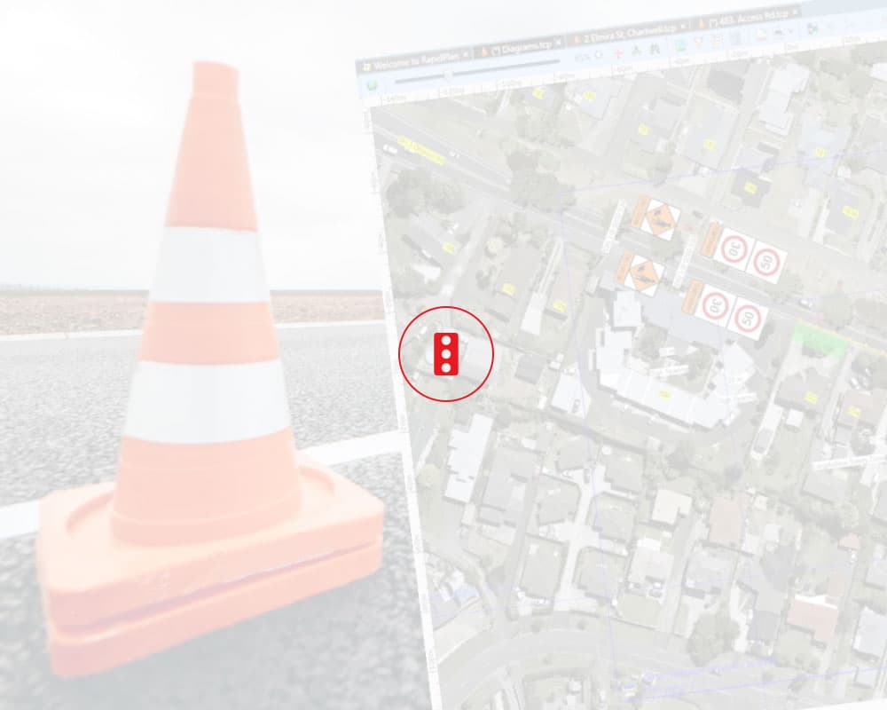 Two orange cones next to a birds eye view of a roadworks traffic management plan