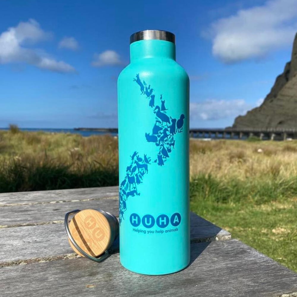 Teal metal Huha water bottle with blue animals that make up the islands of new zealand, sitting on an old wooden picnic table by the beach