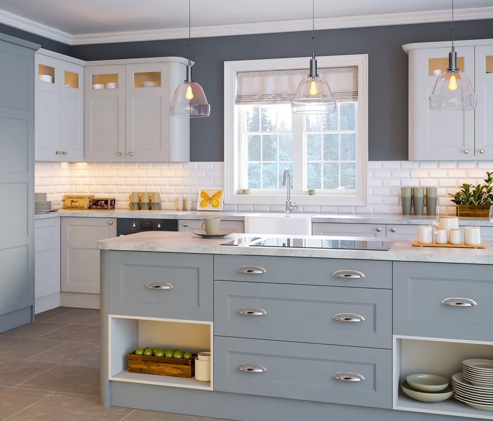 Baby blue/grey farmhouse kitchen with spacious draws and storage with a beautiful white benchtop