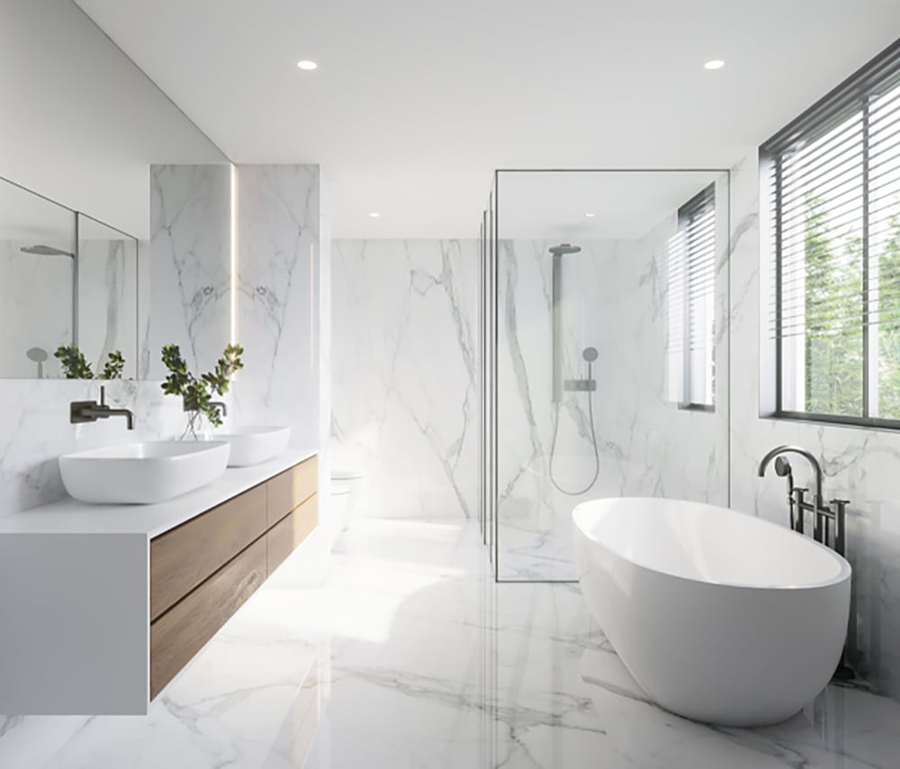 Modern white marble bathroom with a huge glass enclosed shower and a freestanding bathtub