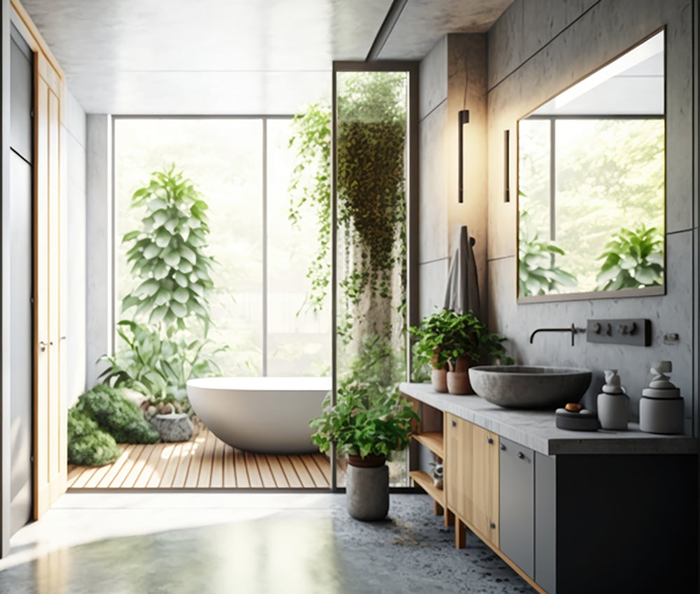 Luxurious jungle-like bathroom with lots of black and stone used in the design along with partly wooden floors that give the bathing area a spa-feel.