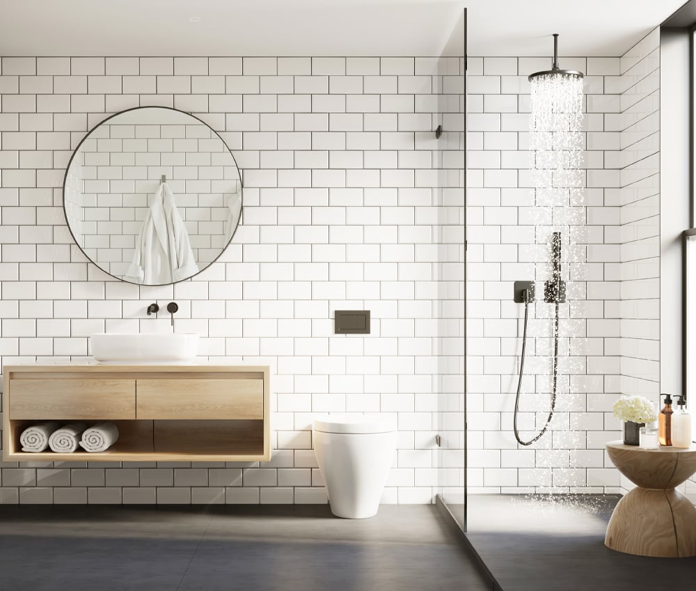 White brick tile design in a spacious industrial bathroom with a floating wooden basin and large open shower with the water flowing