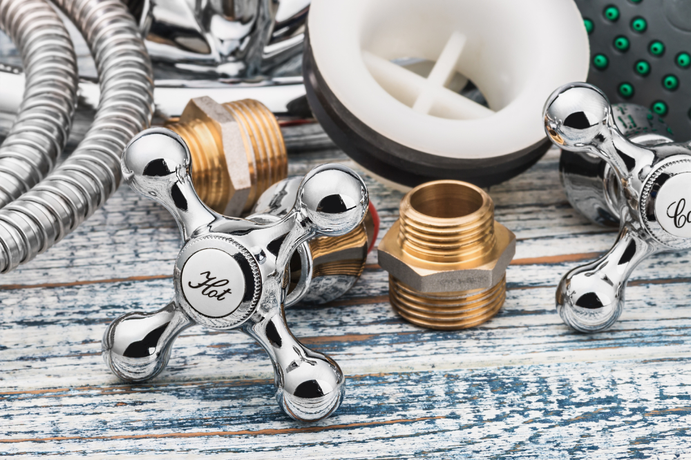 A selection of different fittings ranging from taps to shower hoses