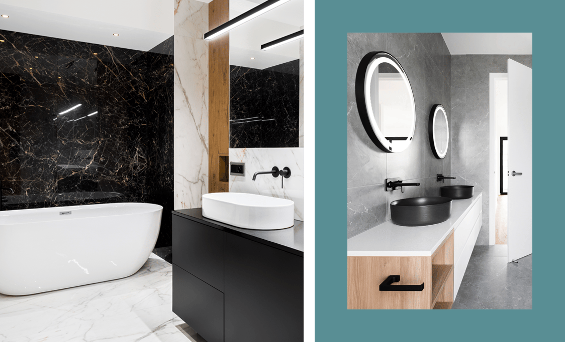 Glowing white bathtub with stone and marble walls, modern black fixtures and ring-light mirrors