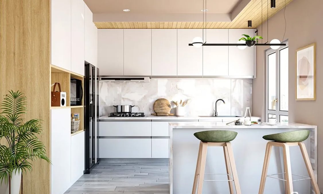 Bright kitchen space with birch wood accents, white cabinetry, and greenery to create atmosphere
