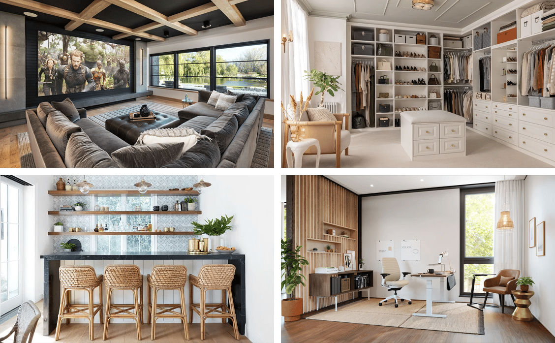 All kinds of amazingly designed spaces, ranging from a large but cozy home theatre, to a clean and artsy minibar