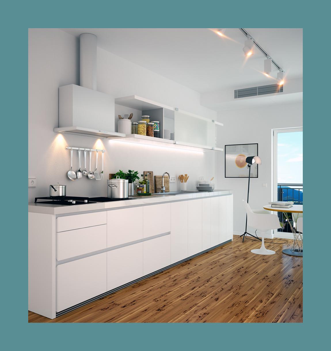 Small and newly renovated studio kitchen with plenty of room for storage on the wall and shelves