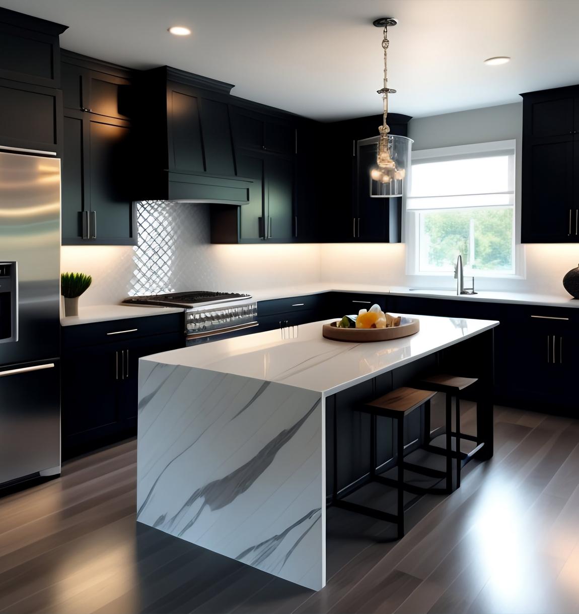 Shining clean kitchen with a large marble island, newly painted black cabinetry, white bench tops, and an elegant textured splashback
