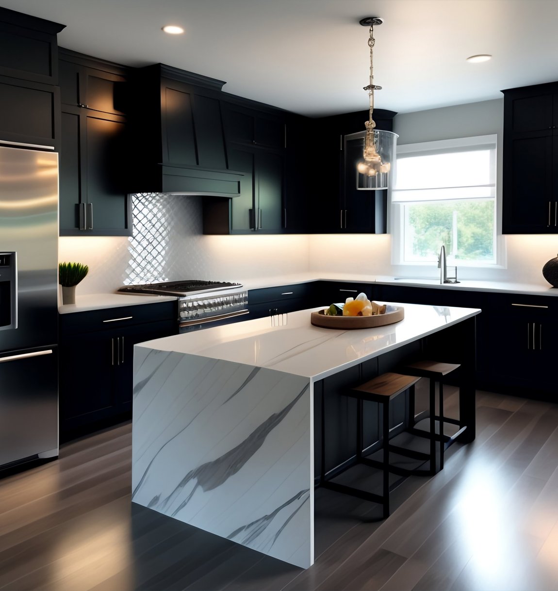 Shining clean kitchen with a large marble island, newly painted black cabinetry, white bench tops, and an elegant textured splashback