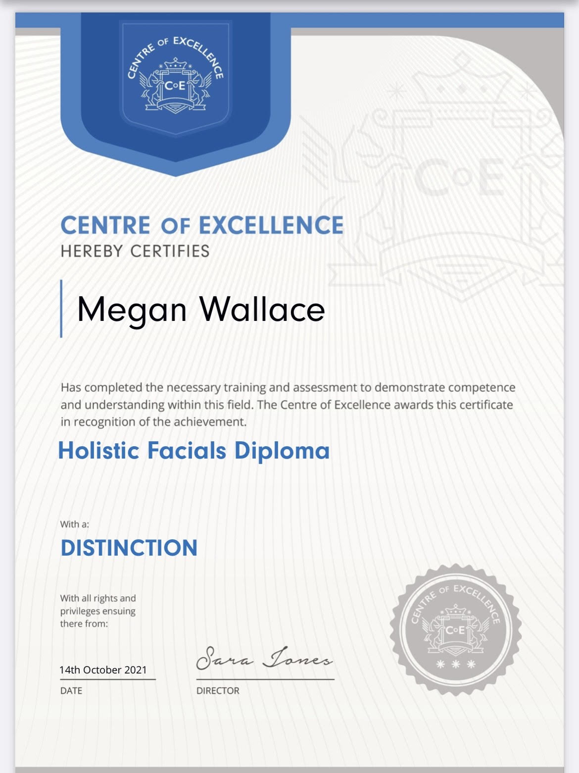 Megan Wallace's Holistic Facials Diploma from the Centre of Excellence