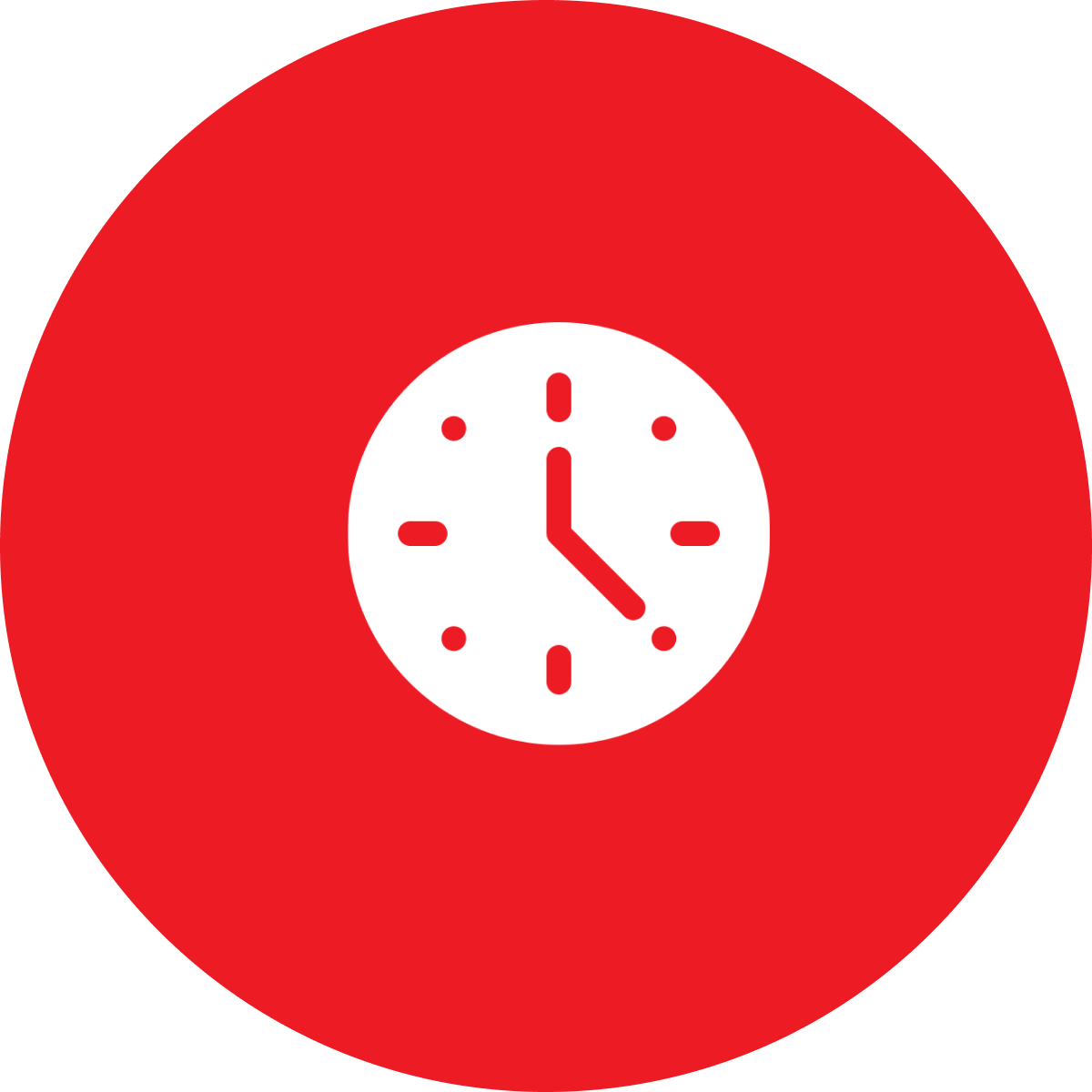 White clock logo in a red circle