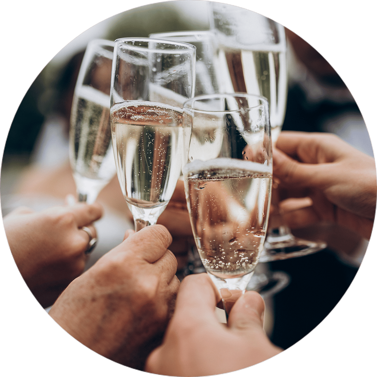 close up of 5 hands holding Champagne glasses cheersing together | Wedding Hire Levin