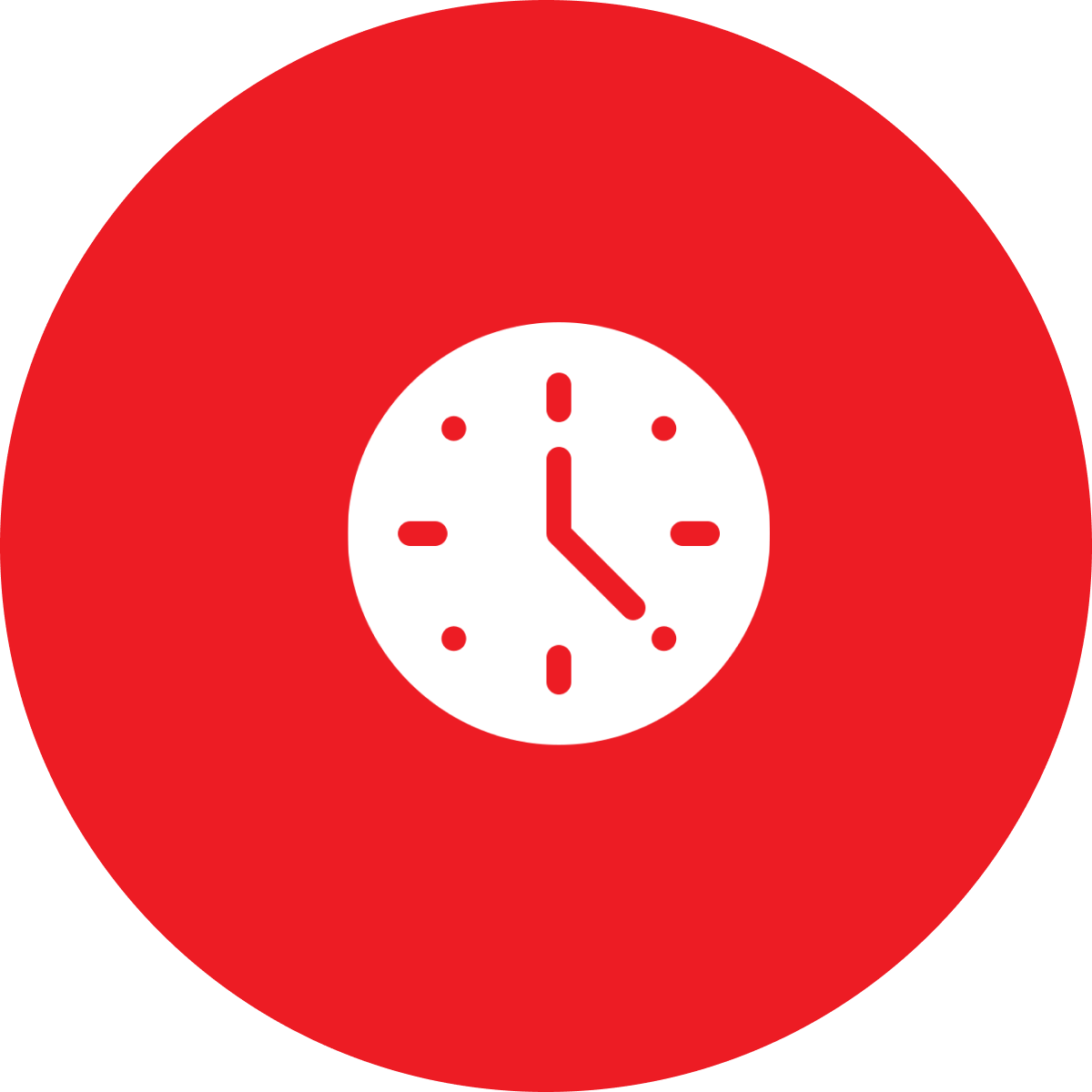 White clock logo in a red circle