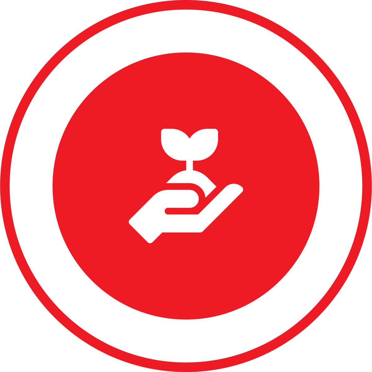 White hand holding a plant in a red circle surrounded by a red outline