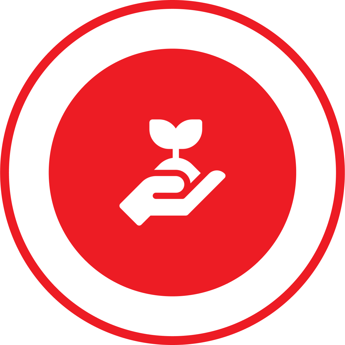White hand holding a plant in a red circle surrounded by a red outline
