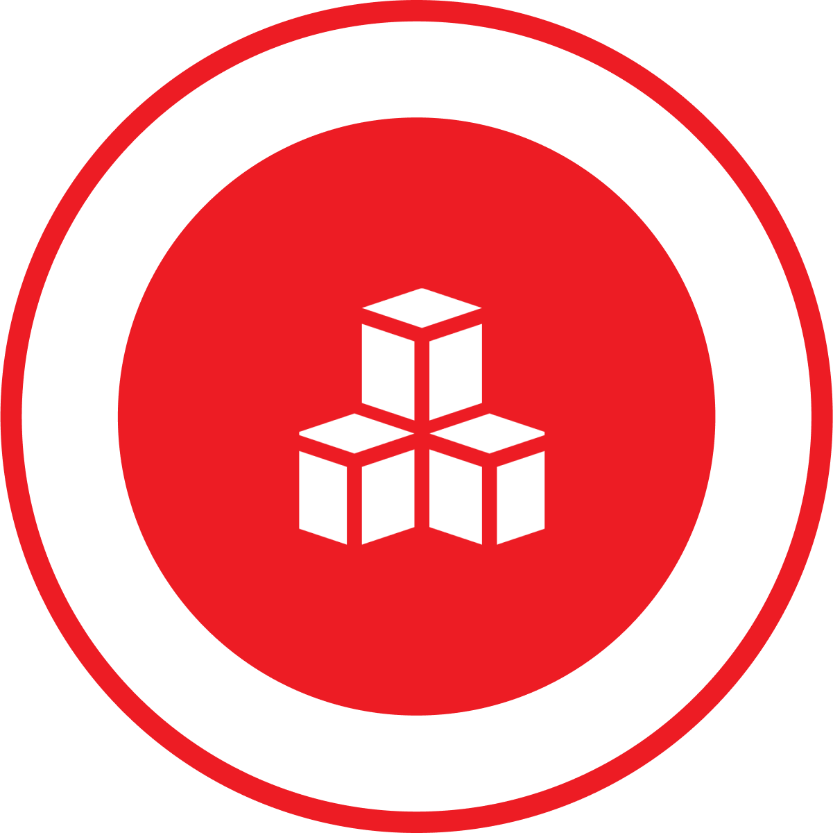 Three white boxes stacked in a pyramid in a red circle surrounded by a red outline