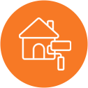 White outline of a house and a paint roller in an orange circle