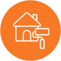 White outline of a house and a paint roller in an orange circle