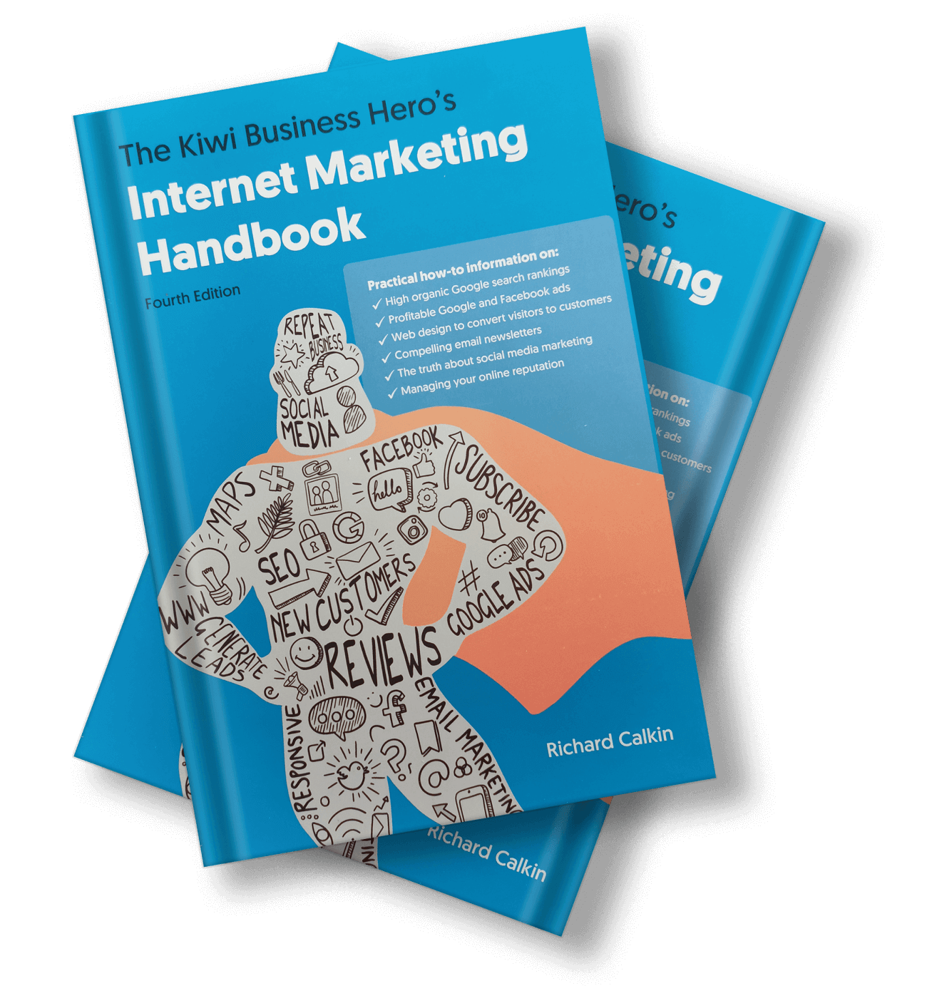 Clear cut image of two copies of the Kiwi Business Hero's Internet Marketing Handbook