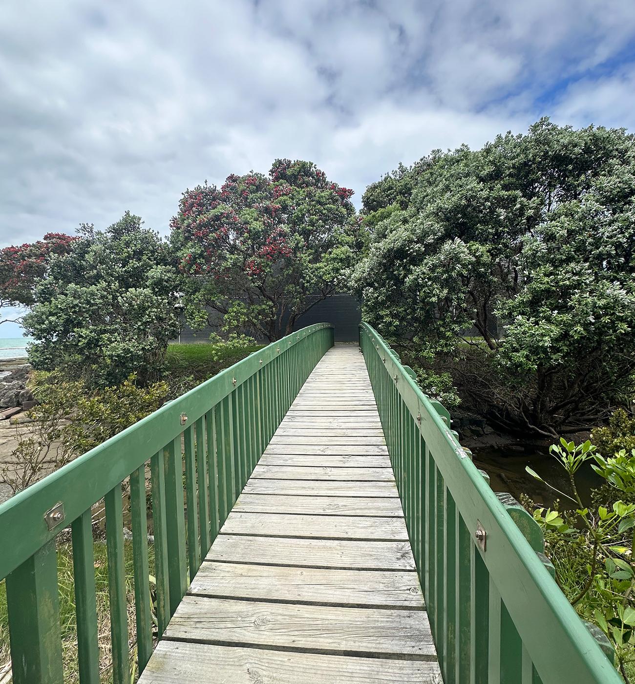 View of a sturdy bridge leading into Pohutukawa trees down to the local attraction of Red Beach