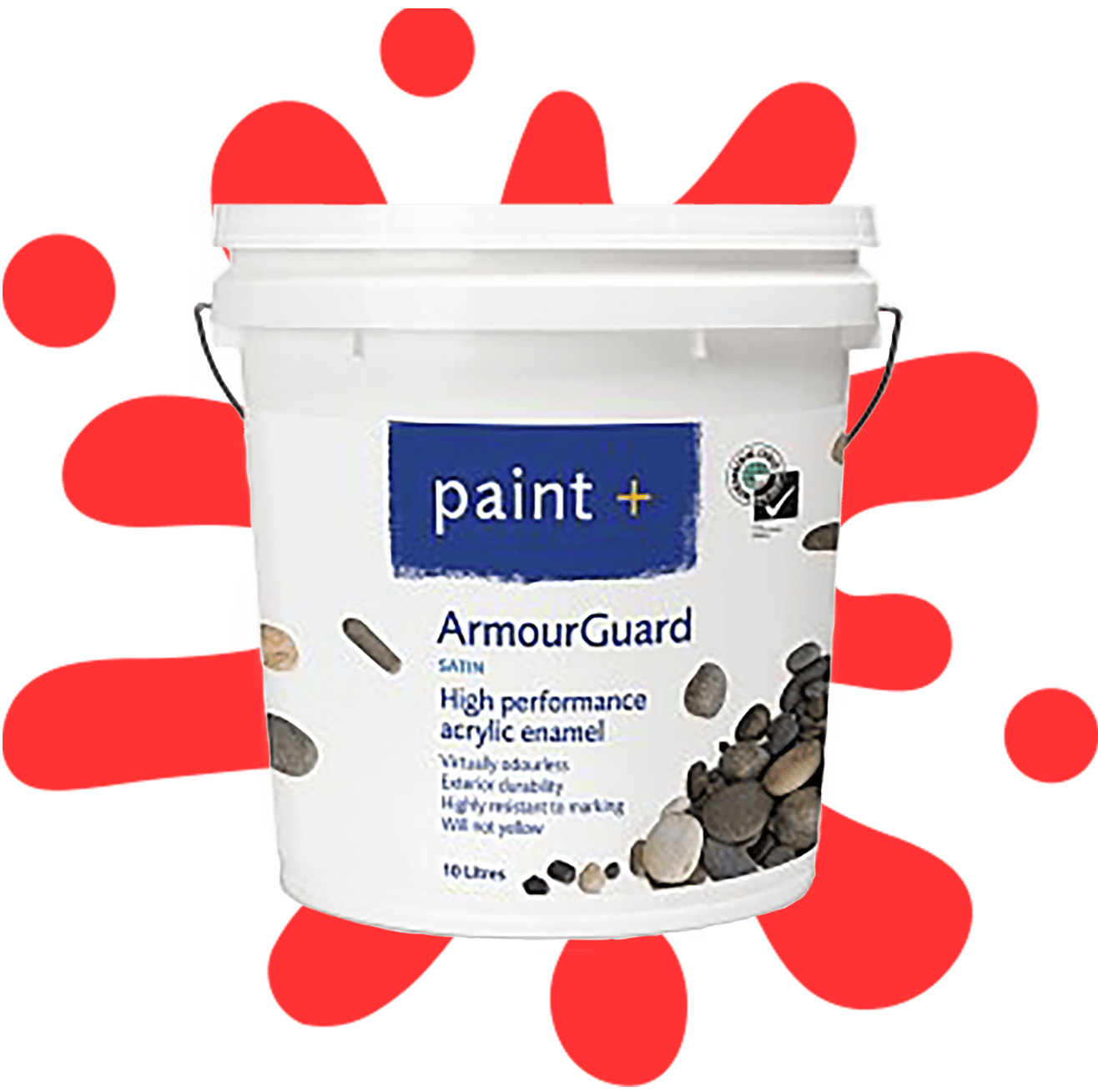 Paint+ 'ArmourGuard' paint bucket for high performance acrylic enamel with a red splash of paint behind it