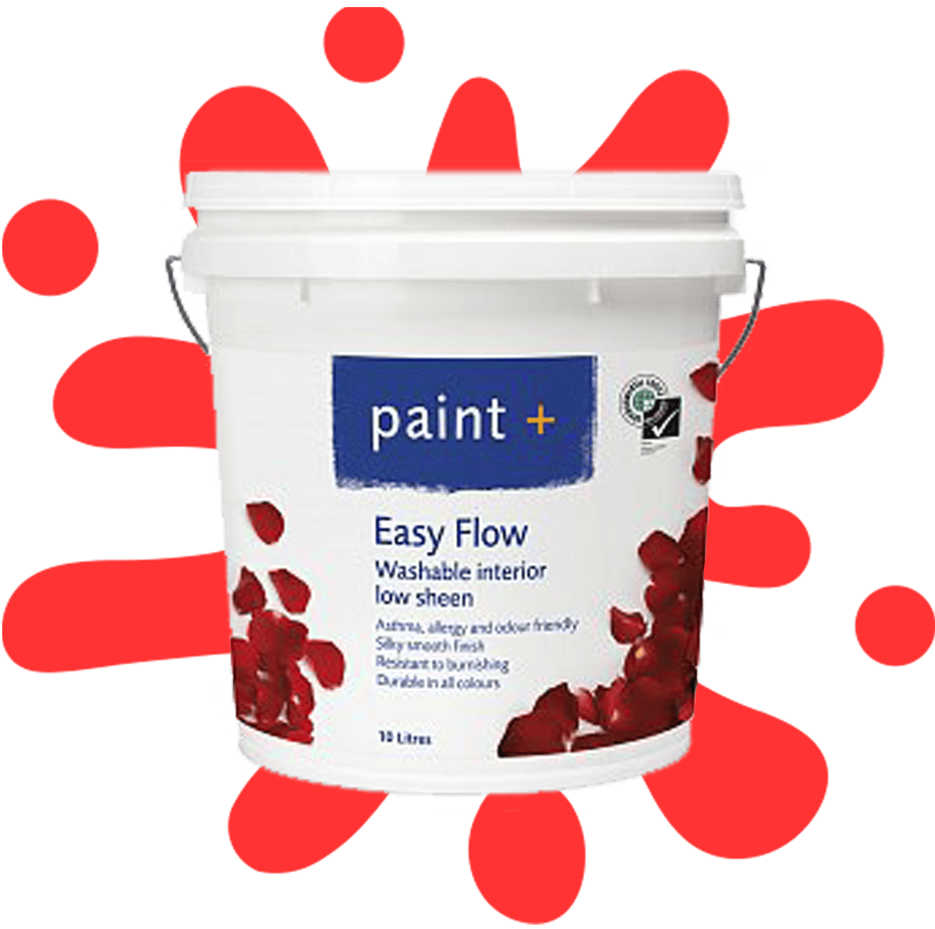 Paint+ 'easy flow' paint bucket for washable interior low sheen with a red splash of paint behind it
