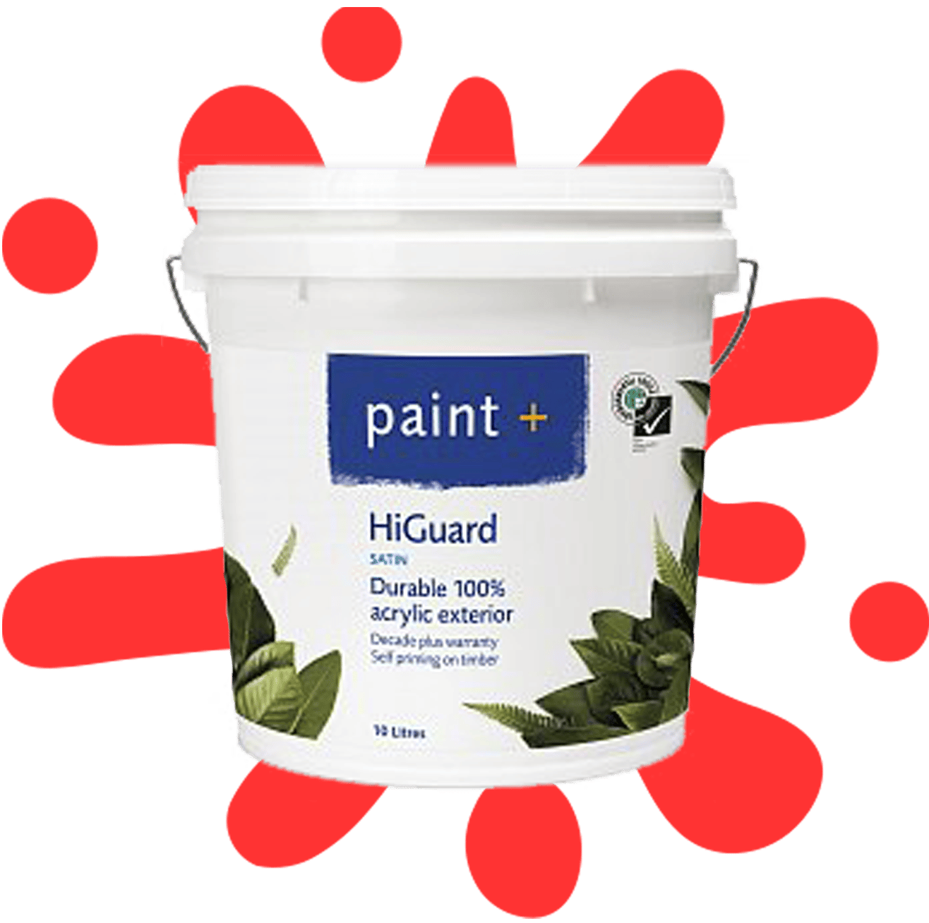 Paint+ 'HiGuard' paint bucket for durable 100% acrylic exterior with a red splash of paint behind it