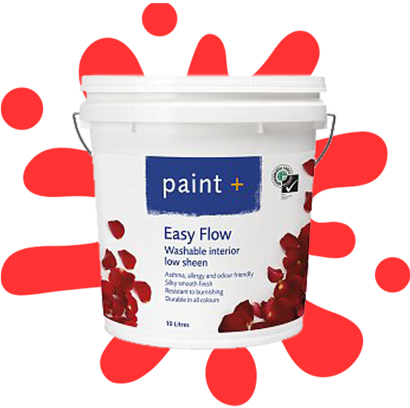 Paint+ 'easy flow' paint bucket for washable interior low sheen with a red splash of paint behind it