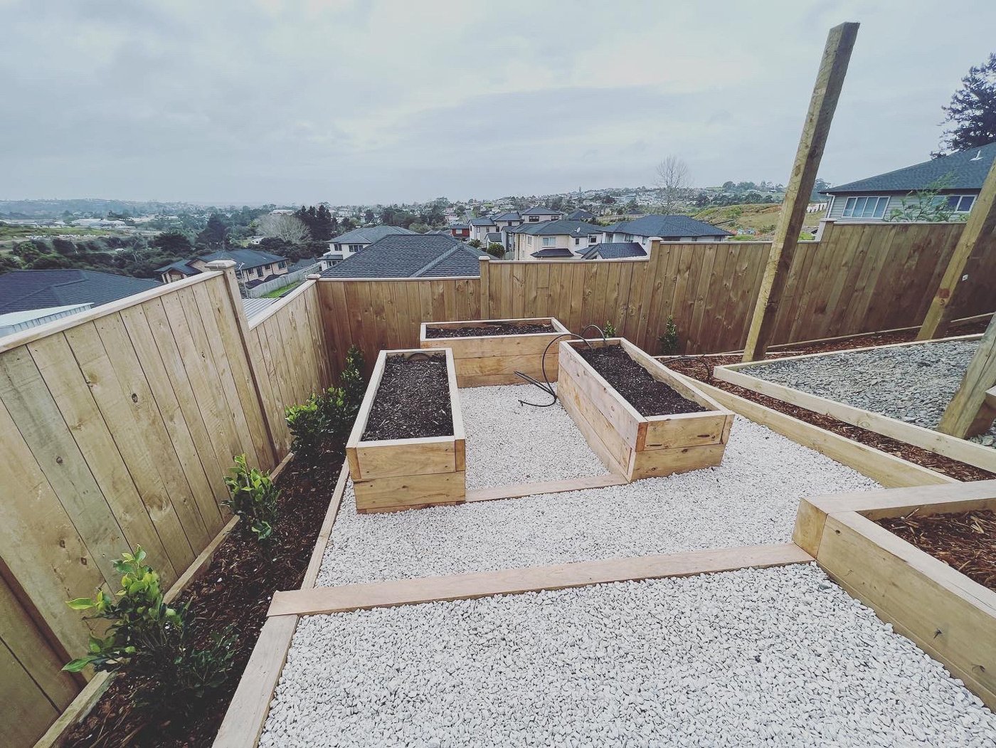 Three newly built vegetable beds raised off the ground in wood casings, surrounded by a white pebble walkway