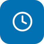 White clock logo in a blue square