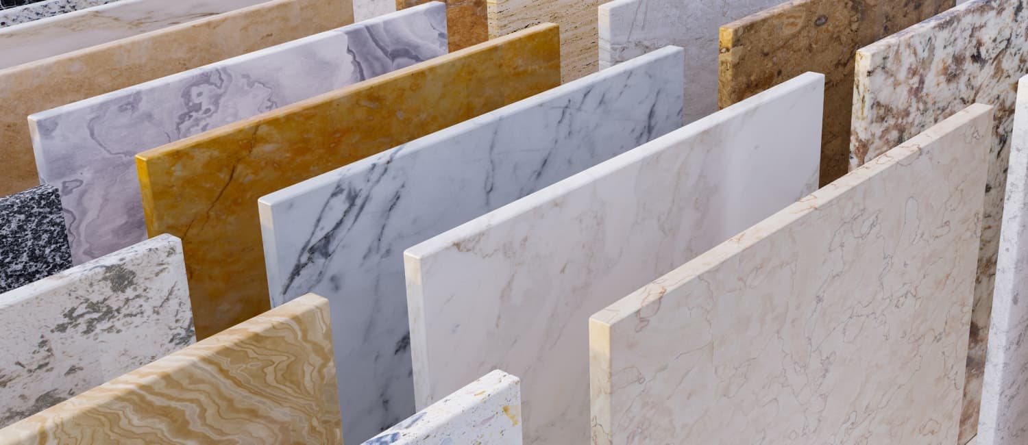 Range of different natural stone benchtops all with different colours and patterns