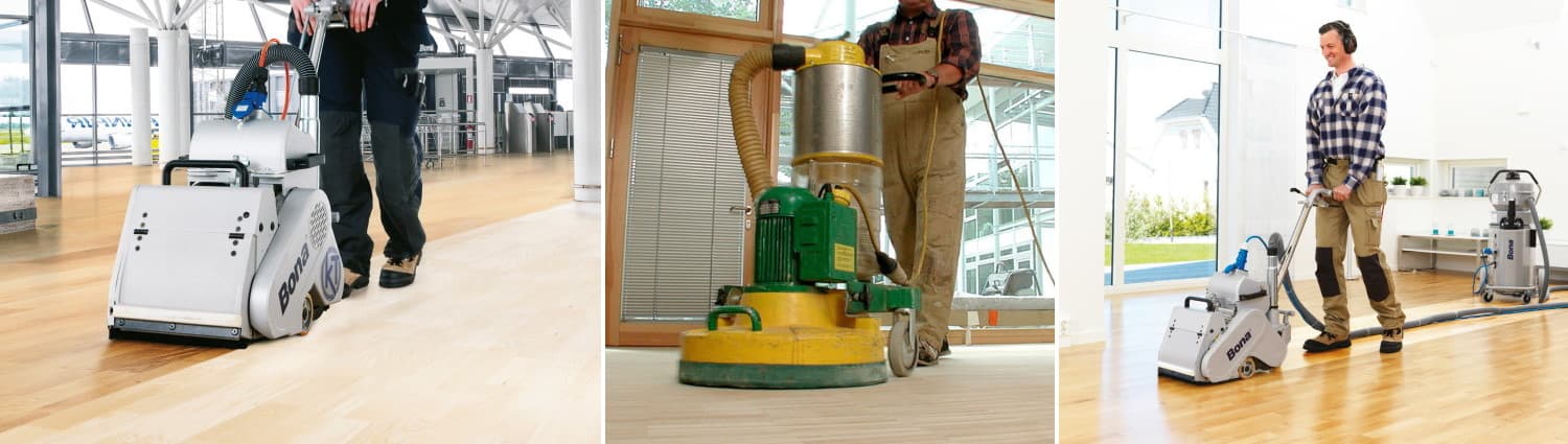 Floorman Waikato team members with their top of the line timber finishing equipment, applying a marine grade coating to commercial floors
