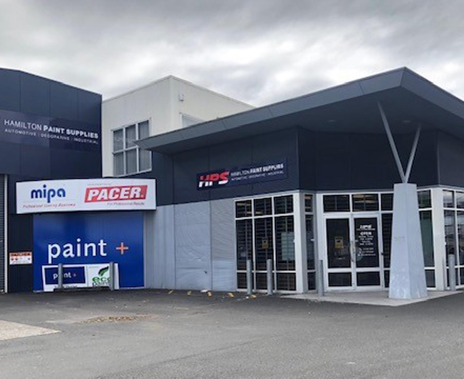 Hamilton Paint supplies storefront from the parking lot out front
