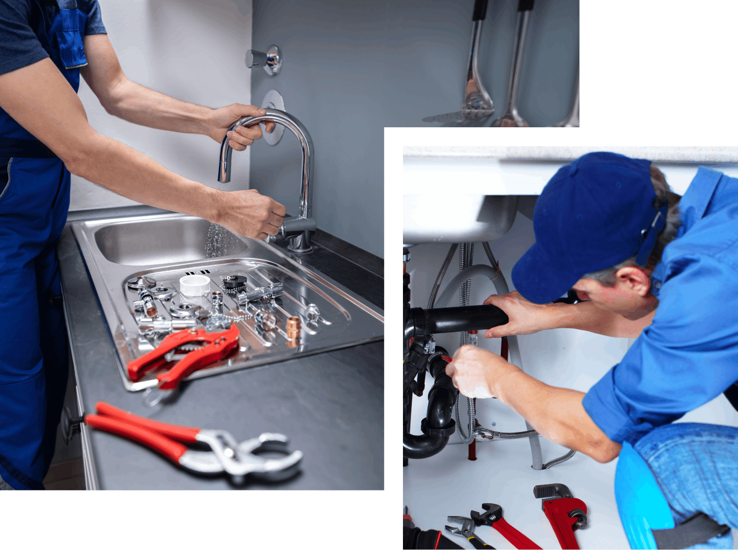 Plumbers with several tools and fixtures working on the kitchen sink