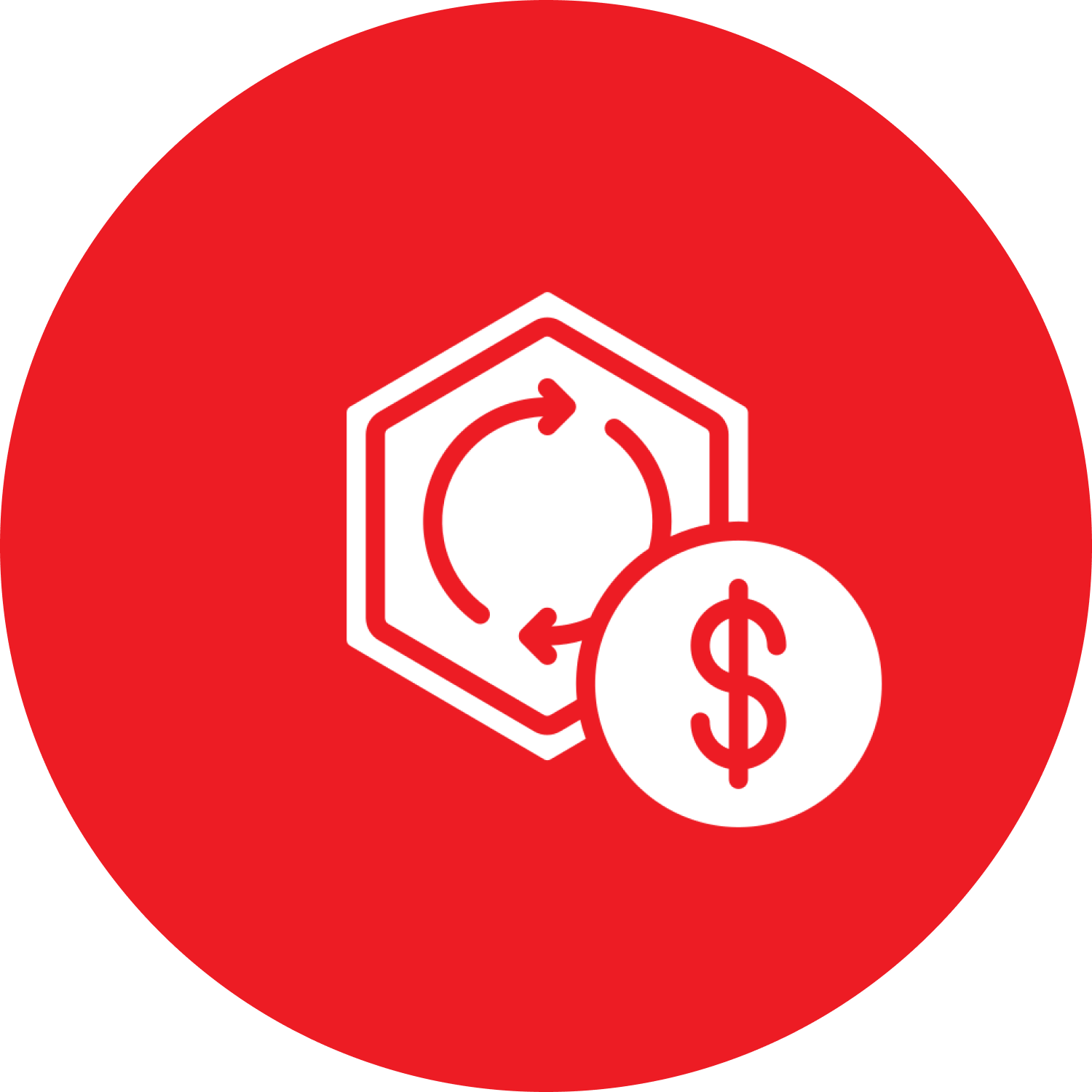 Two red arrows going in a circle with a dollar sign, all in a red circle