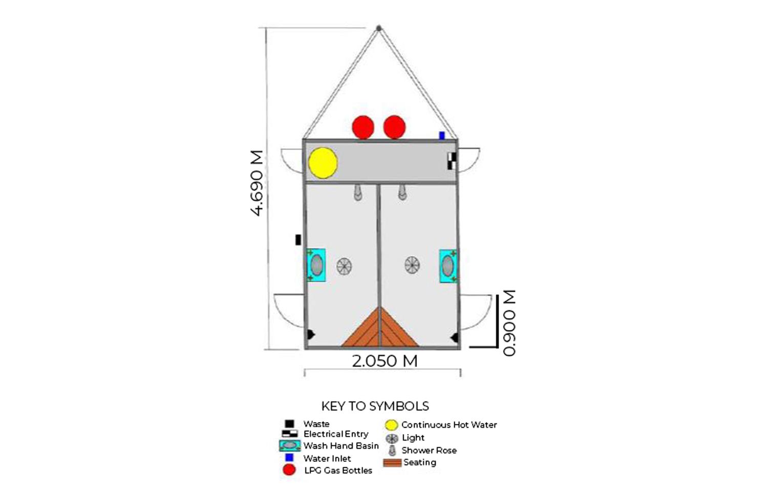 Porta Showers' portable trailer shower unit blueprint that shows the two shower compartments