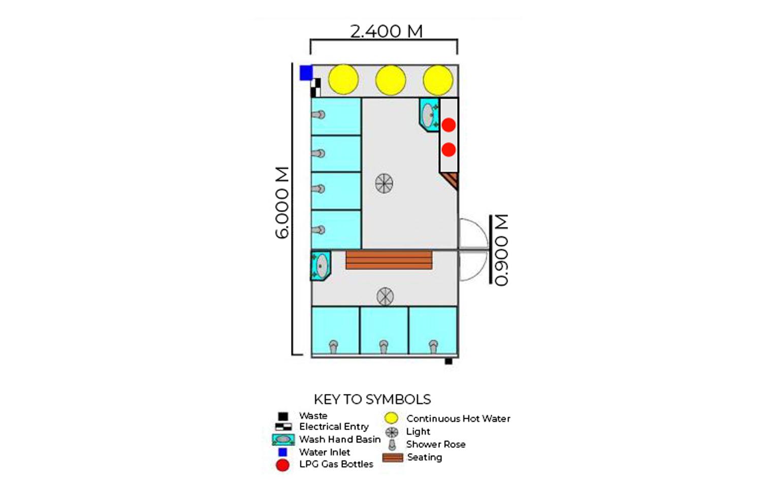 Blueprint of a Porta Showers portable container shower unit that shows 7 different shower compartments