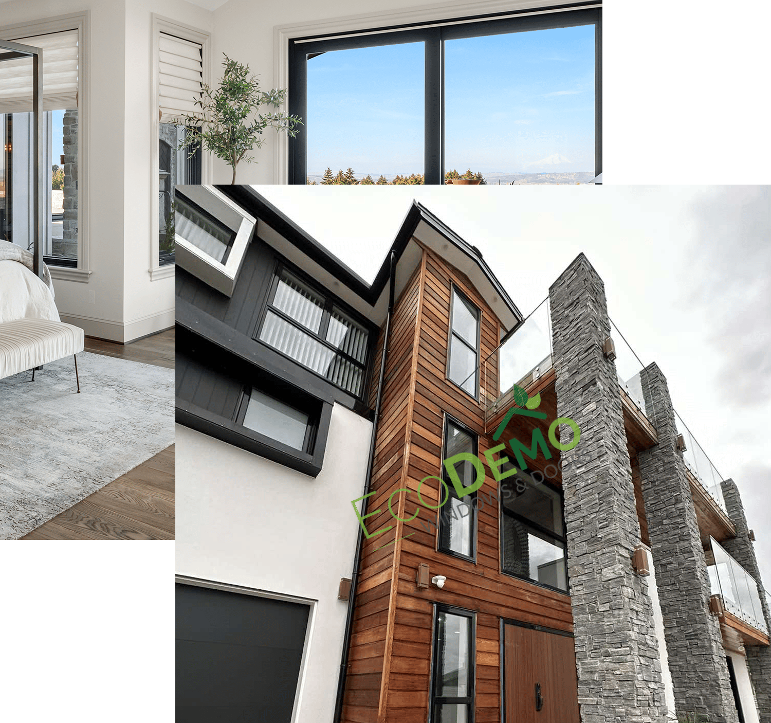2 images of interior and exterior home with Aluminium Windows and Doors Manufactured by EcoDemo