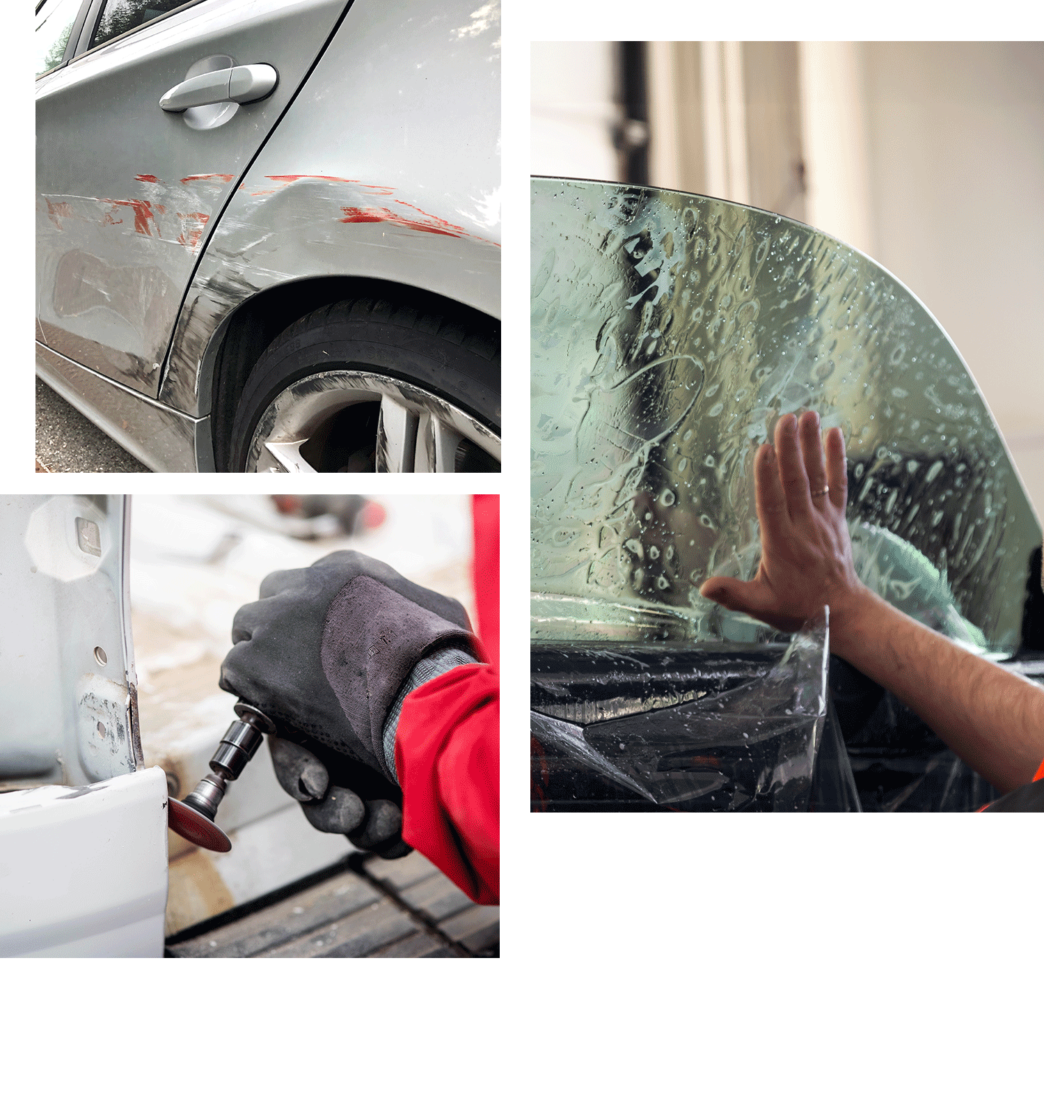 Four images depicting a damaged vehicle, panel beating repairs being done and car window being tinted