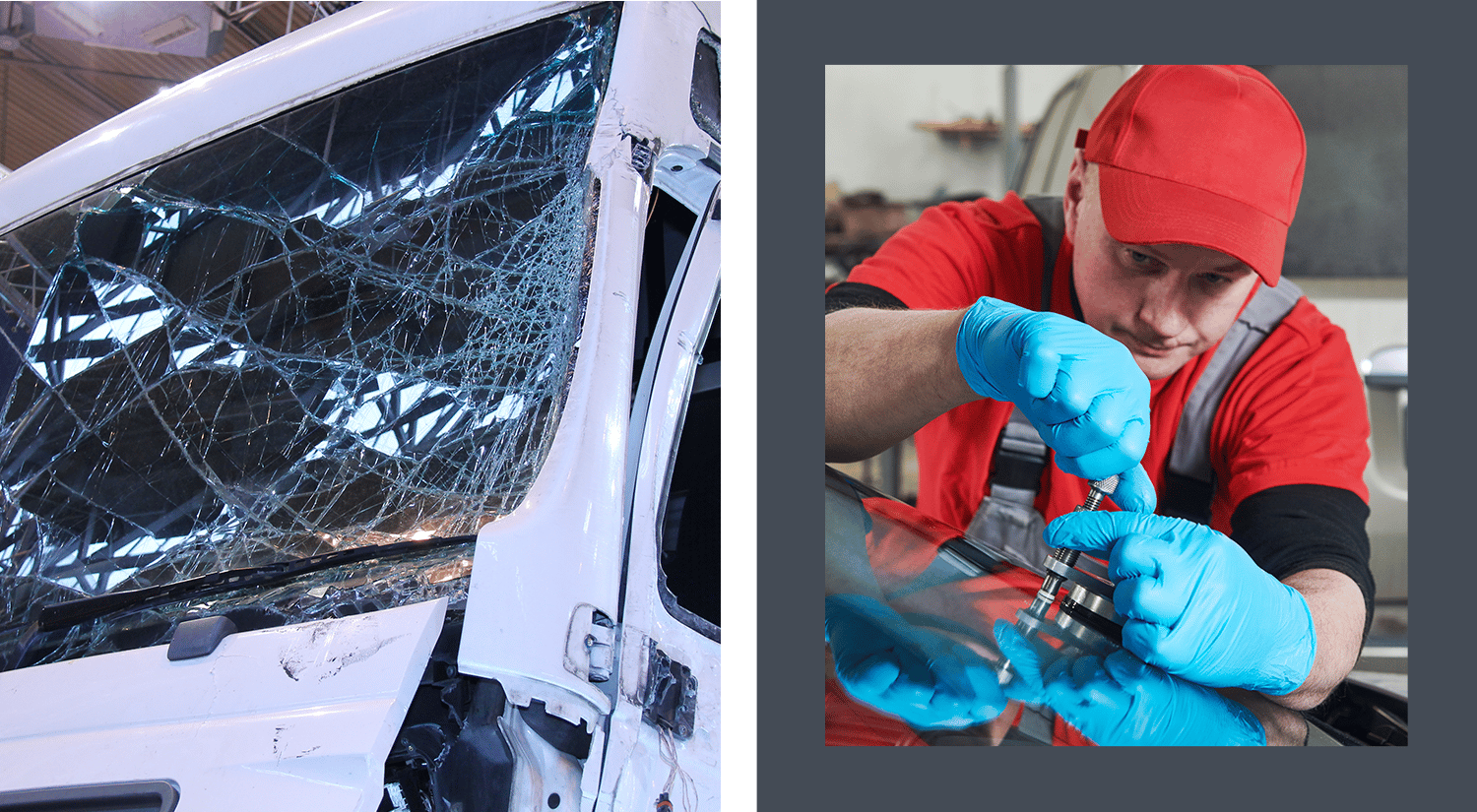 Image of a shattered windscreen on the left and a man fixing a chipped windscreen on the right - Links to Windscreens page