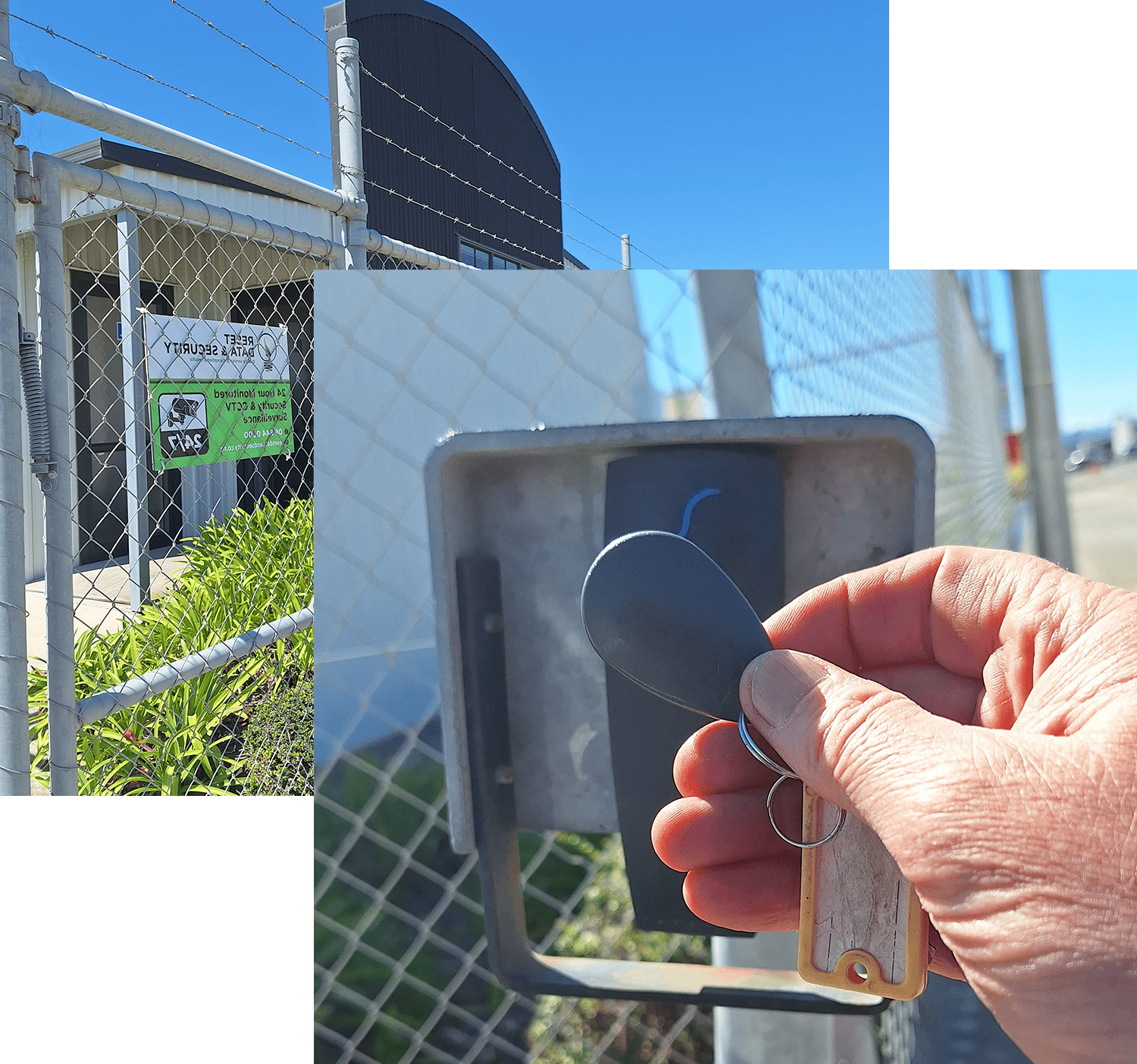 Image of a Man's hand scanning the keytag to gain access at the gate to the Storage Facility