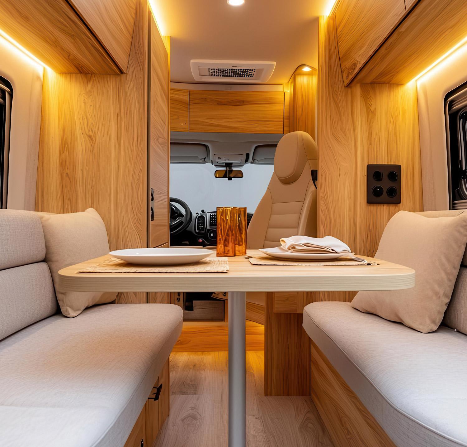 Motorhome dining table and seats with upholstery 