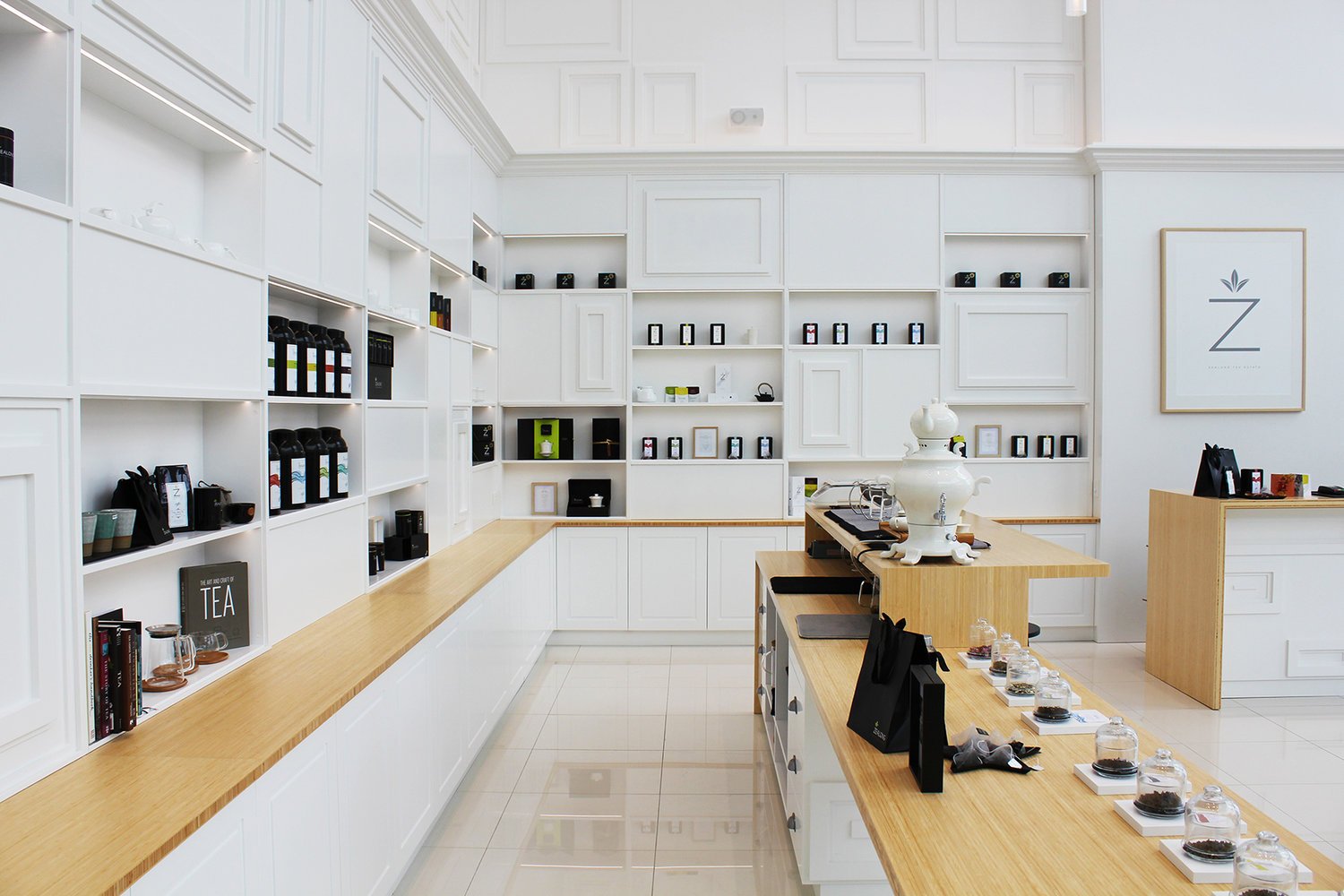 Custom black, white and natural wood retail fit out for the Zealong Tea Estate Retail store
