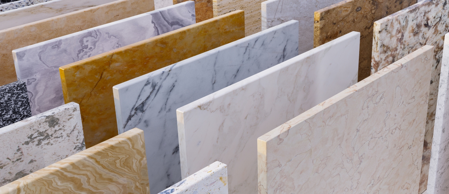 Range of different natural stone benchtops all with different colours and patterns