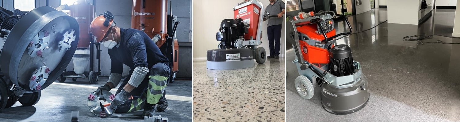 Floorman team members at work with large polishing machinery, fixing up the client's concrete floor