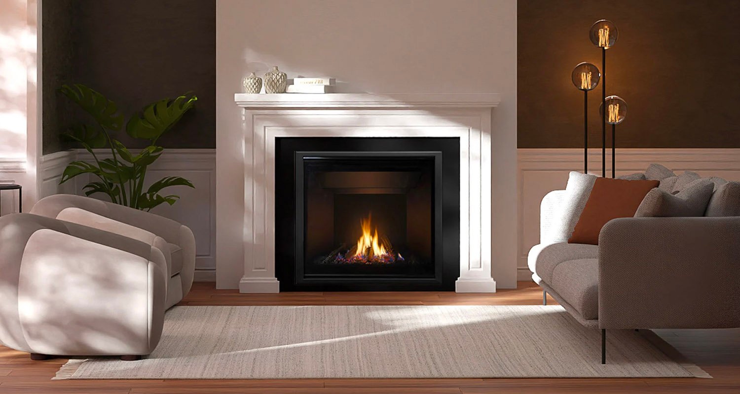 Minimalist living room with comfortable furniture with an black inbuilt gas fire that demands your attention
