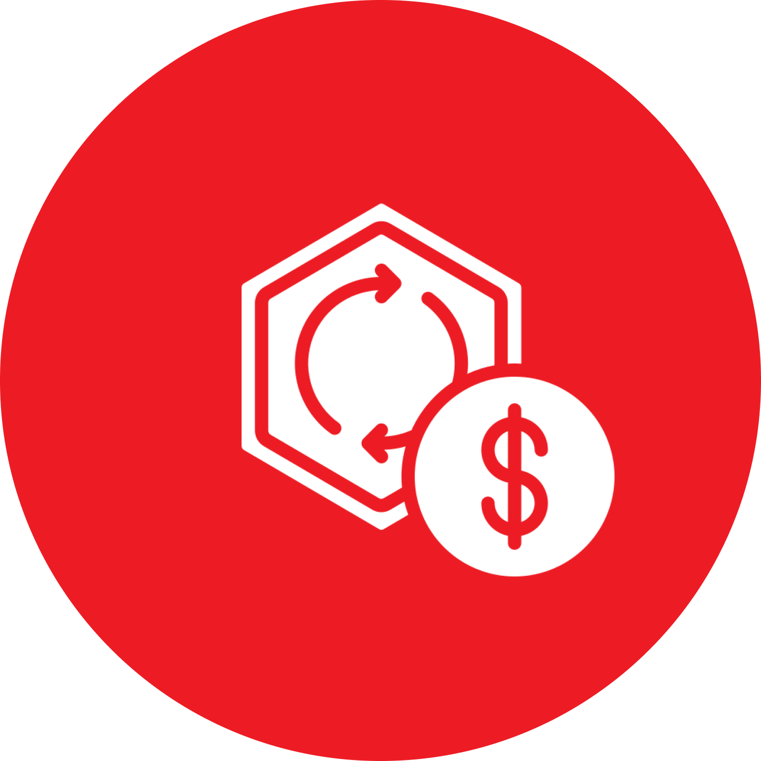 Two red arrows going in a circle with a dollar sign, all in a red circle